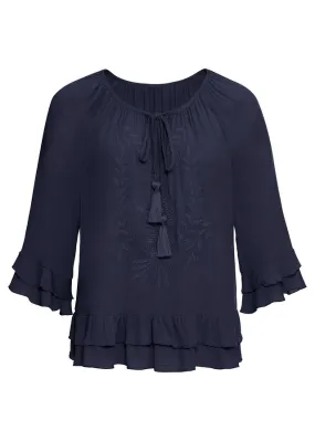 Sustainable viscose tunic with navy blue embroidery