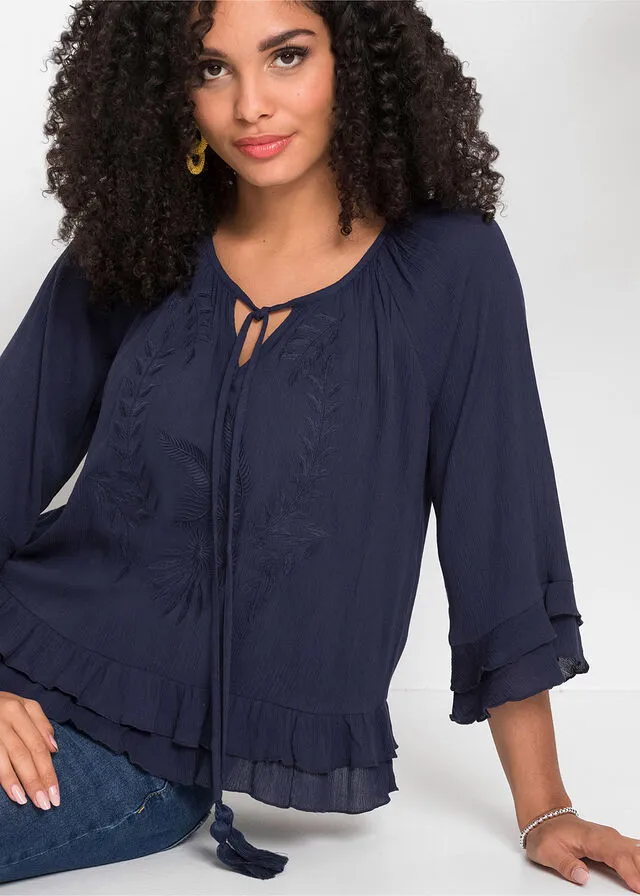 Sustainable viscose tunic with navy blue embroidery