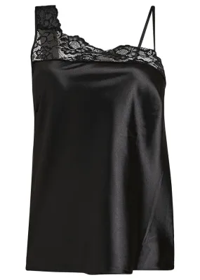 Black Satin One-Shoulder Top with Detachable Thin Straps