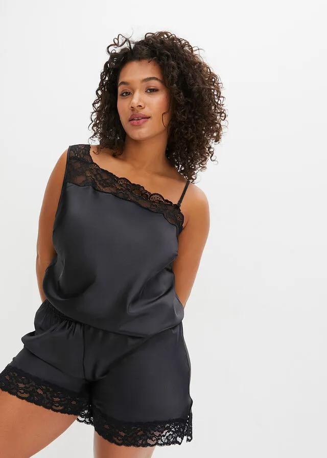 Black Satin One-Shoulder Top with Detachable Thin Straps