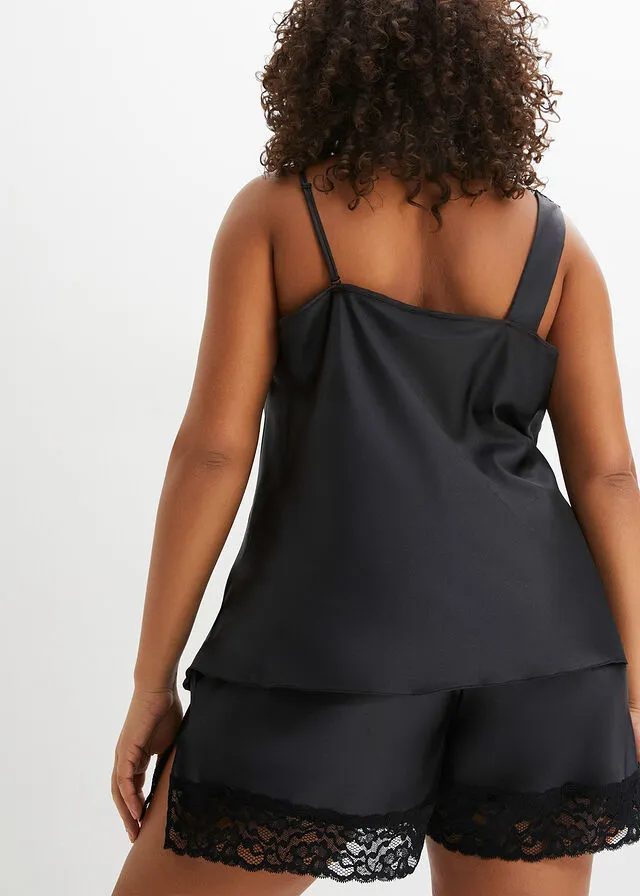 Black Satin One-Shoulder Top with Detachable Thin Straps