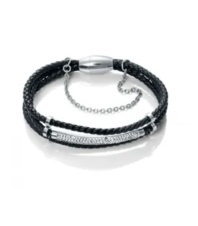 Triple Steel and Black Leather Bracelet 90054P01010