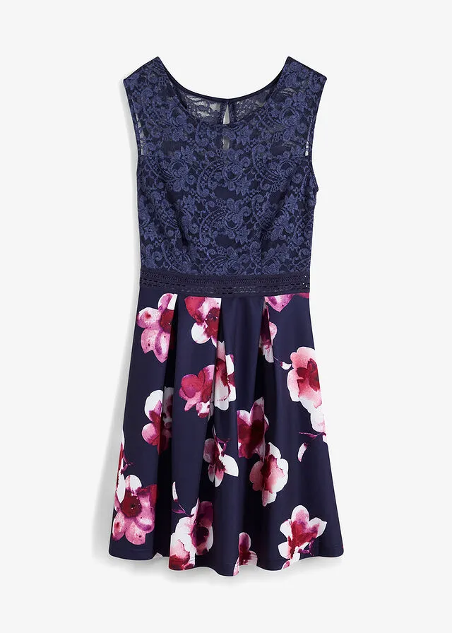 Dark Blue-Fuchsia Floral Print Dress