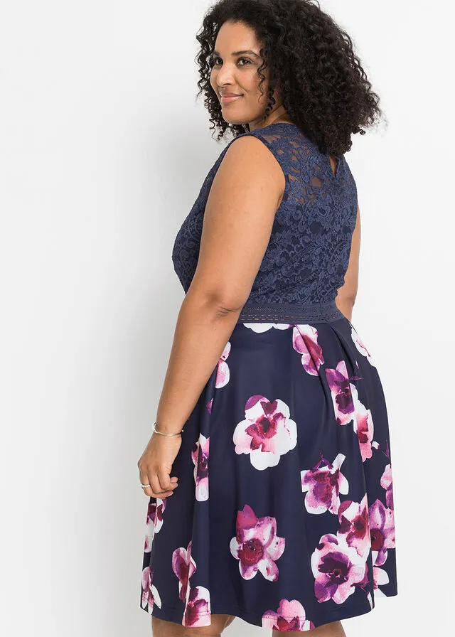 Dark Blue-Fuchsia Floral Print Dress