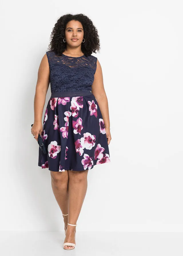 Dark Blue-Fuchsia Floral Print Dress