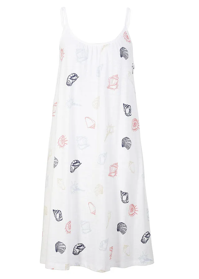 White Printed Sustainable Cotton Ruffle Knit Dress