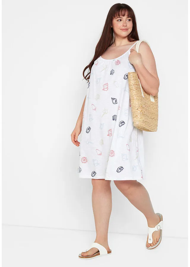 White Printed Sustainable Cotton Ruffle Knit Dress