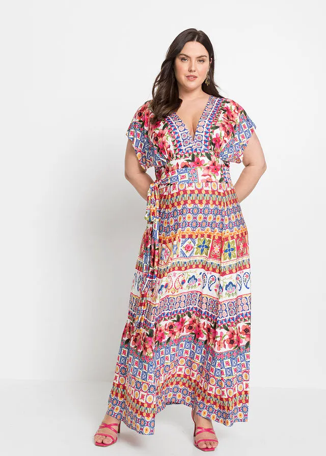 Printed Pink/Light Blue Maxi Dress with Drawstring