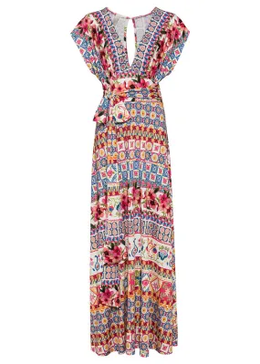 Printed Pink/Light Blue Maxi Dress with Drawstring