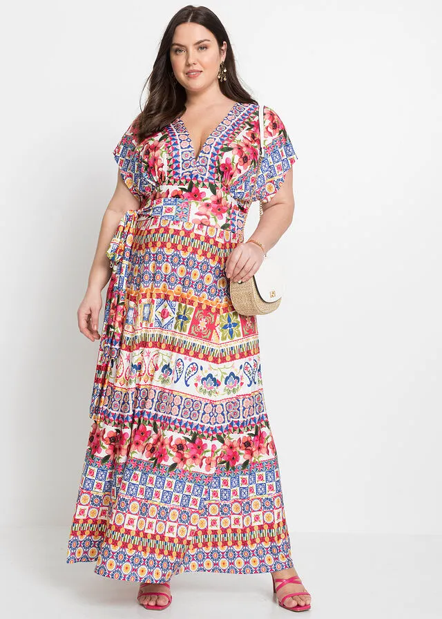 Printed Pink/Light Blue Maxi Dress with Drawstring