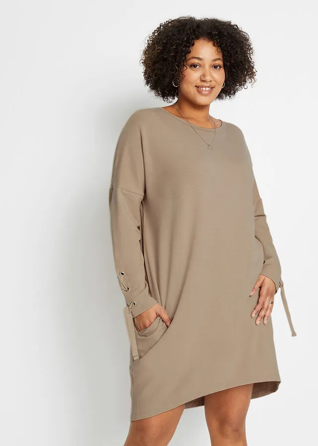 Almond Beige Lace-Up Sweatshirt Dress.