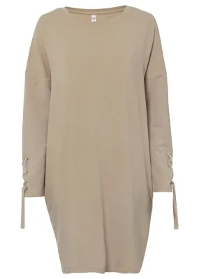 Almond Beige Lace-Up Sweatshirt Dress.