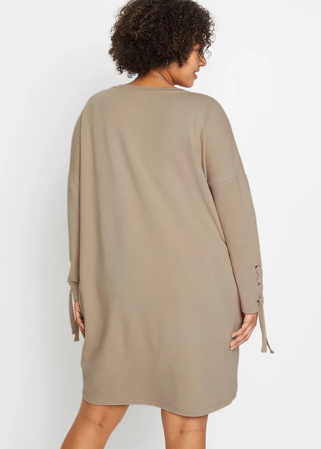 Almond Beige Lace-Up Sweatshirt Dress.