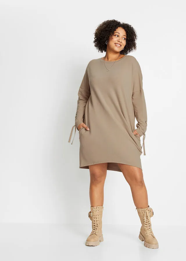 Almond Beige Lace-Up Sweatshirt Dress.