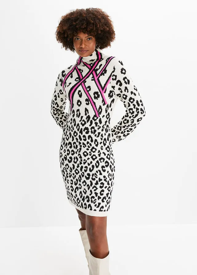 White-Black Leopard Print Knit Dress