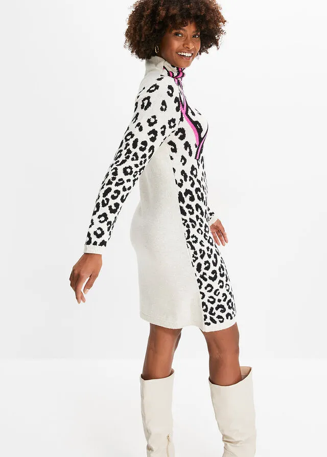 White-Black Leopard Print Knit Dress